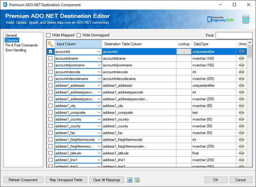 Premium ADO.NET Destination - Columns Page