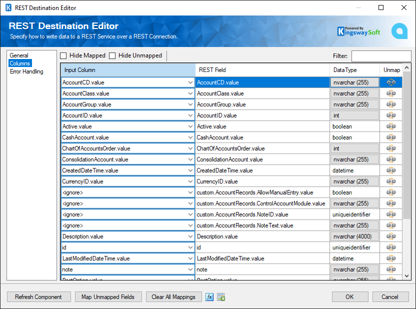REST Destination Editor window showing data mappings for a REST service connection