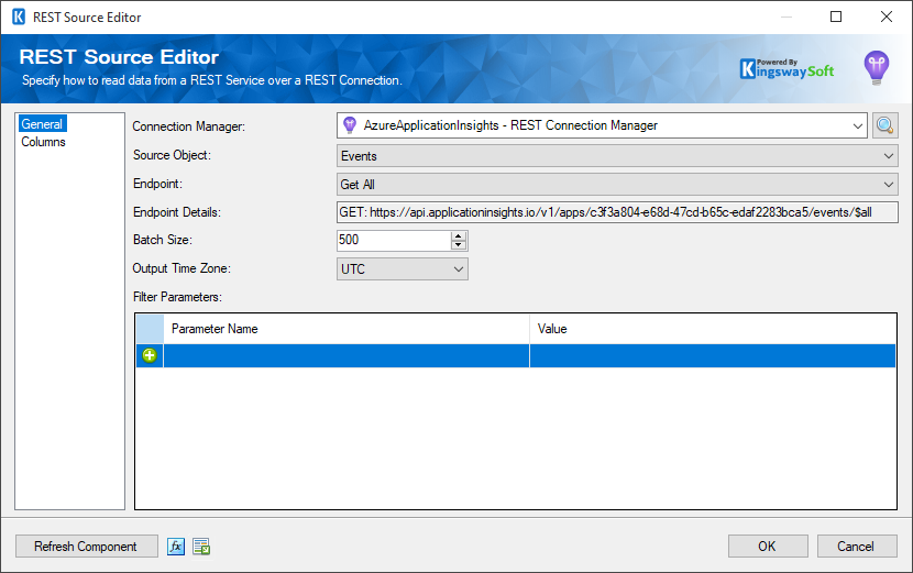 REST API configuration settings in KingswaySoft's REST Source Editor, showing Azure Application Insights connection and event data retrieval.