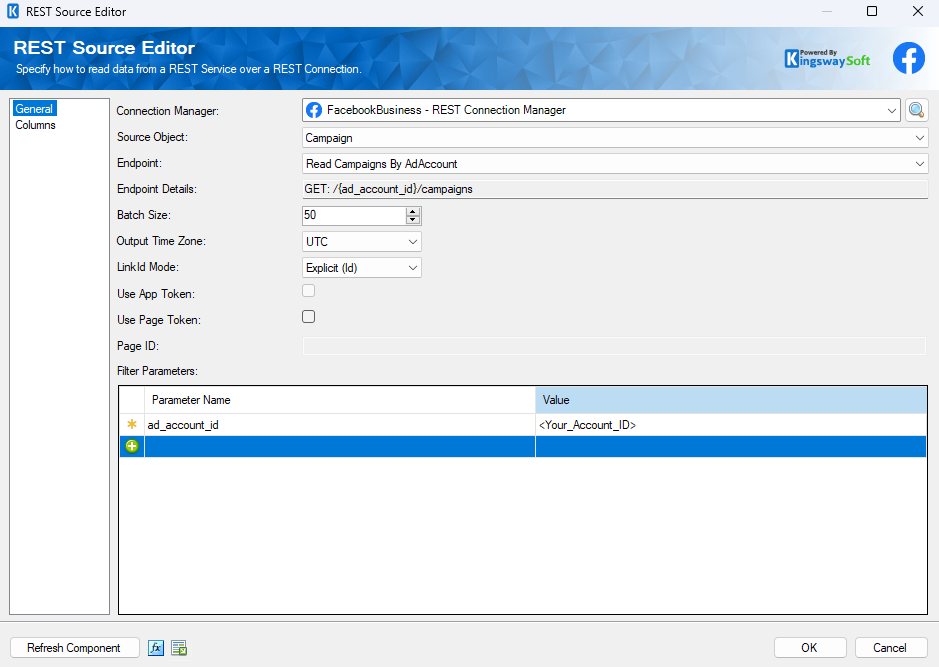 KingswaySoft REST Source Editor settings for Facebook Business campaign data, showing ad_account_id parameter.