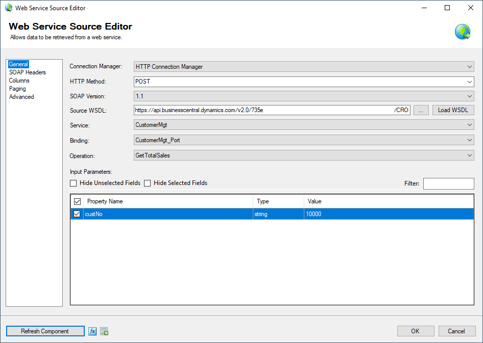Web Service Source Editor The Web Service component should populate the other fields in the editor with information from the loaded WSDL file.