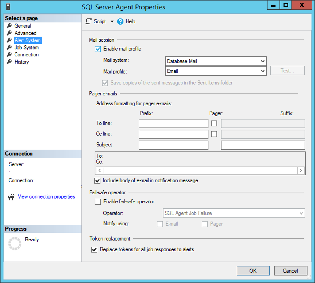 Configure the SQL Server Agent to enable Alerts and utilize the Database Mail just created. Screenshot of SQL Server Agent Properties Alert System