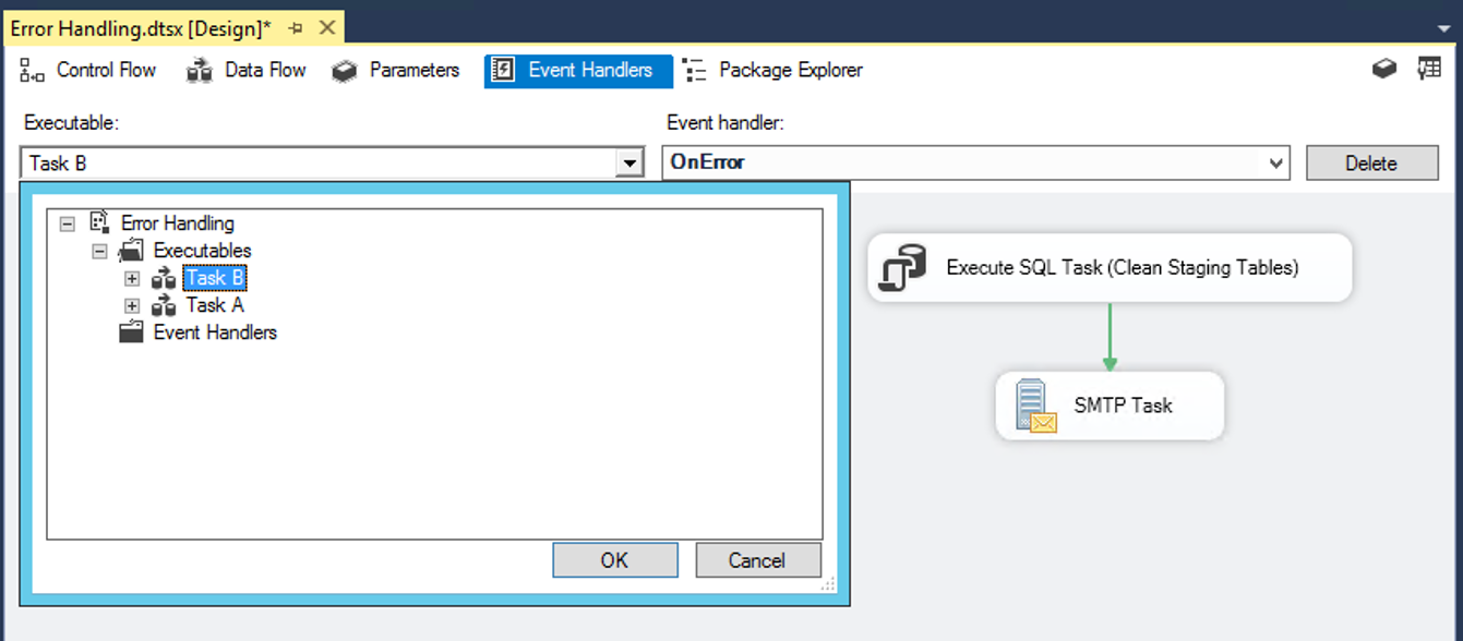 Select the OnError event for Task B which if it fails, will Clean the staging tables by using an Execute SQL Task to run a SQL Script. Then send a notification email for this Data Flow task failure using an SMTP Task. Screenshot of Task B Event Handler
