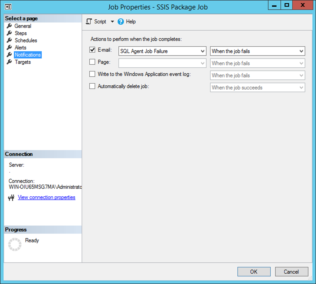 In the Notifications page, enable E-mail, and select the Operator just created. Screenshot of Job Properties SSIS Package Job Email SQL Agent Job Failure