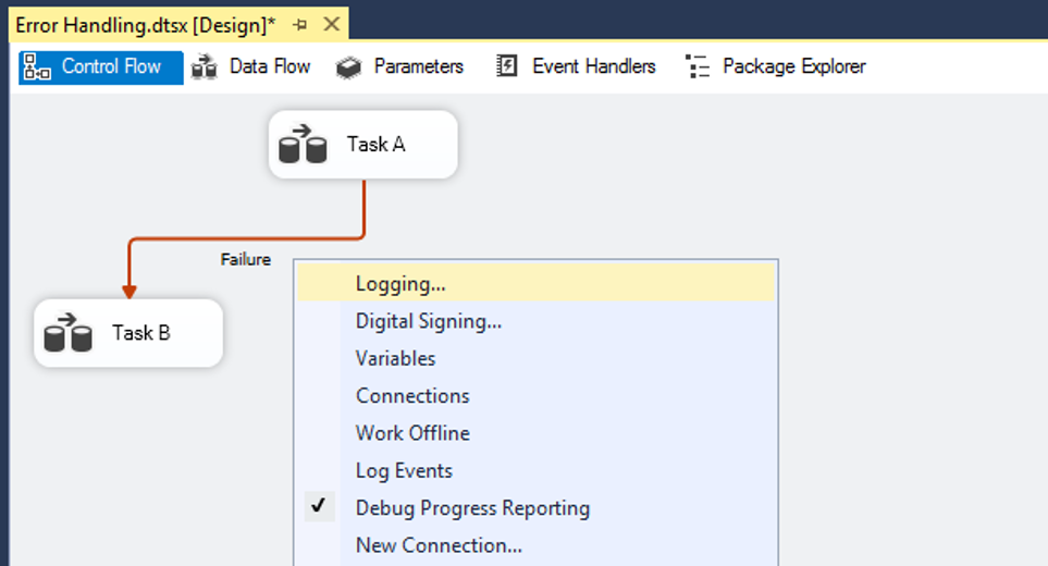 For Task-Level error logging, uze the Logging capabilities of SSIS by configuring SSIS Logs. Screenshot of Error Handling in Visual Studio, Activating Logging