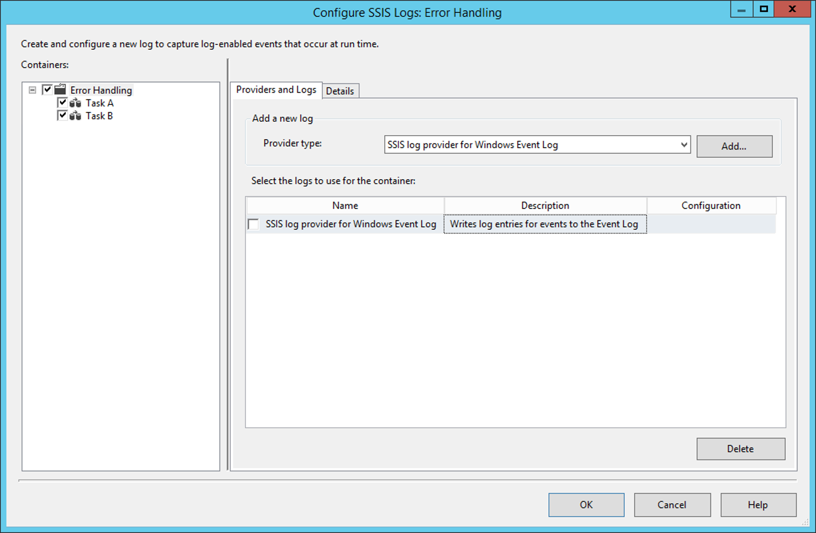 Based on where you want the logs to be written, you select the appropriate provider type from the drop-down menu and click Add. Screenshot of Configure SSIS Logs: Error Handling